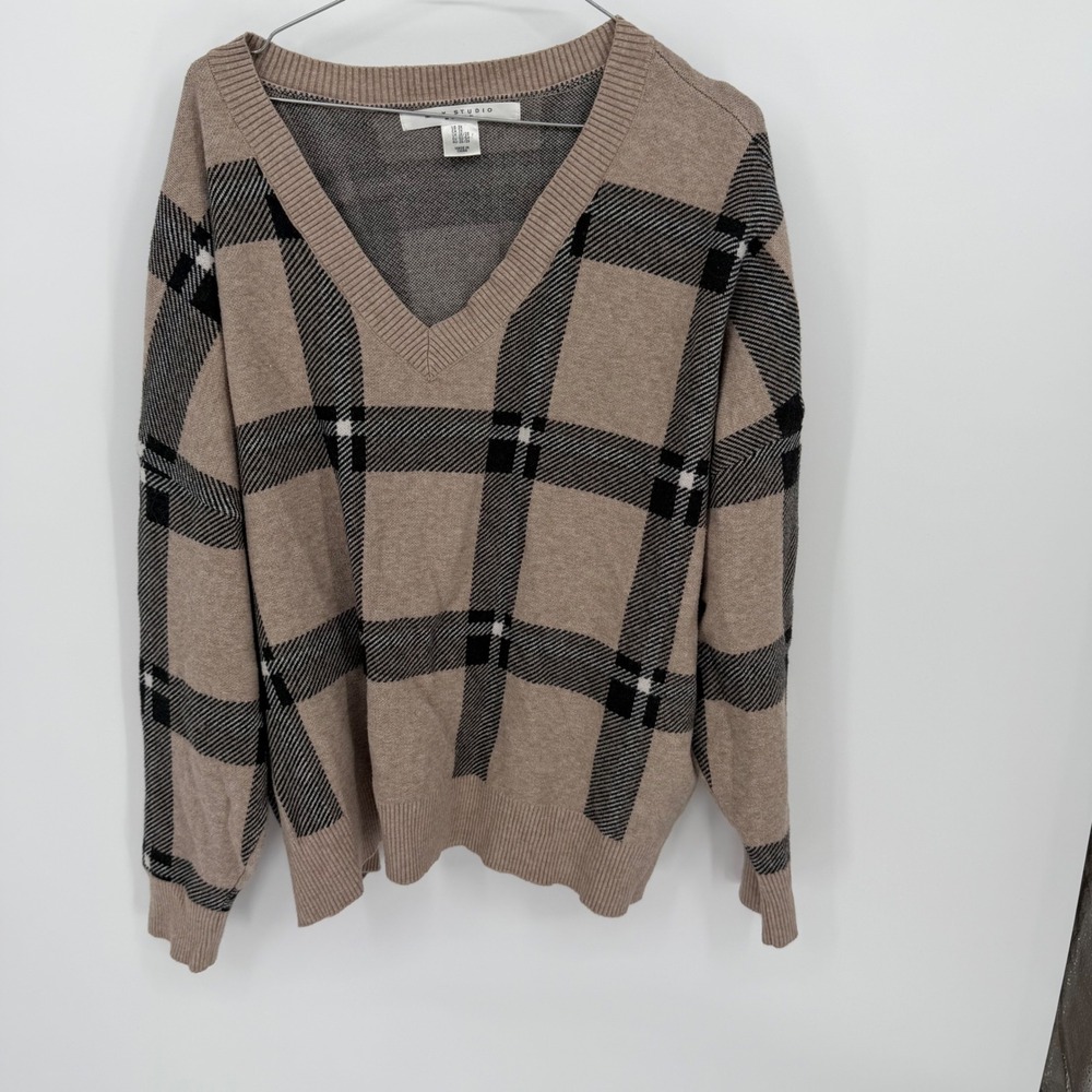 Max Studio Woman Women Sweater Plaid V-Neck Tan 3X